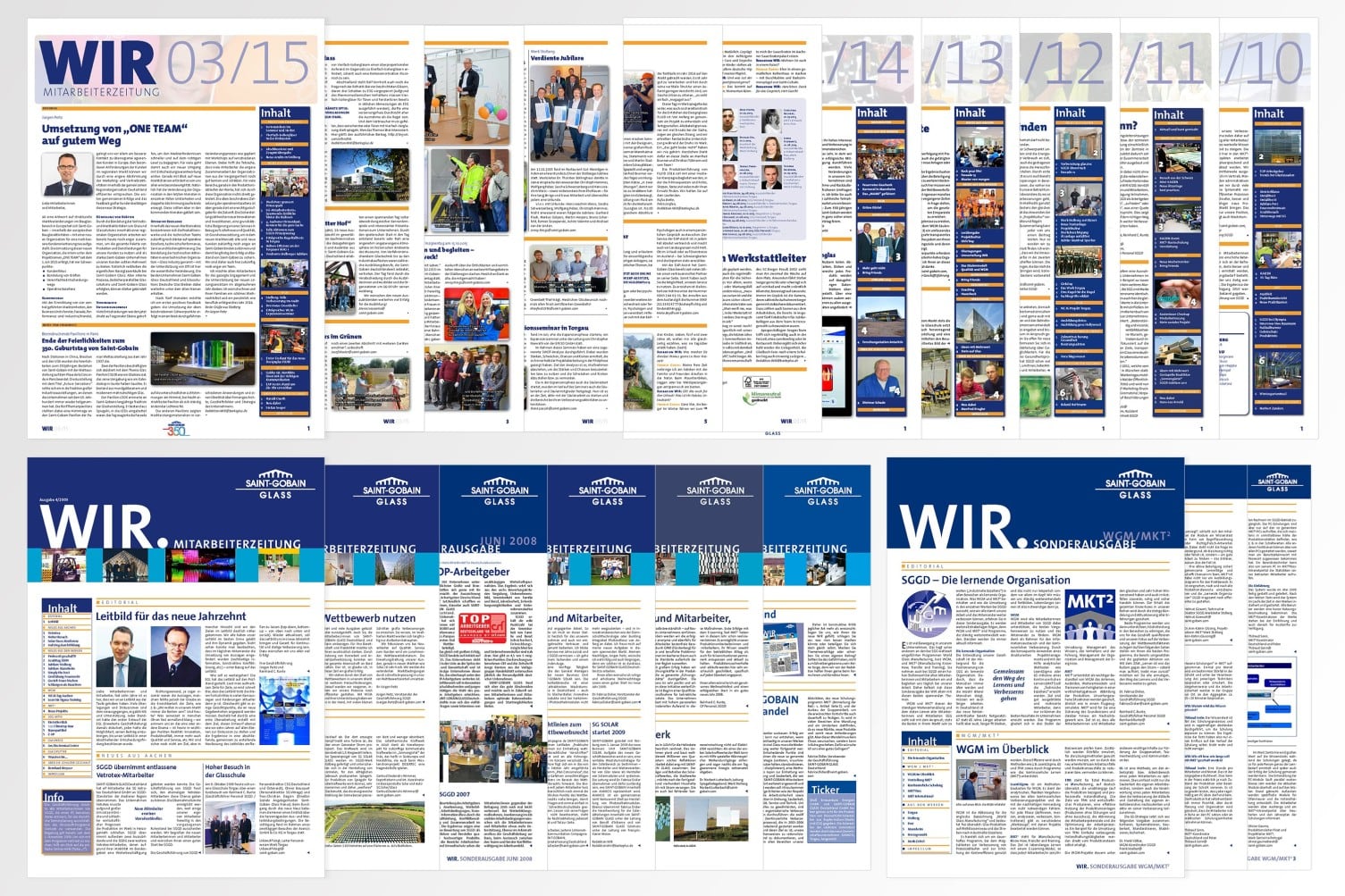 Titelblätter der Mitarbeiterzeitung WIR – von Barke und Partner für Saint-Gobain Glass